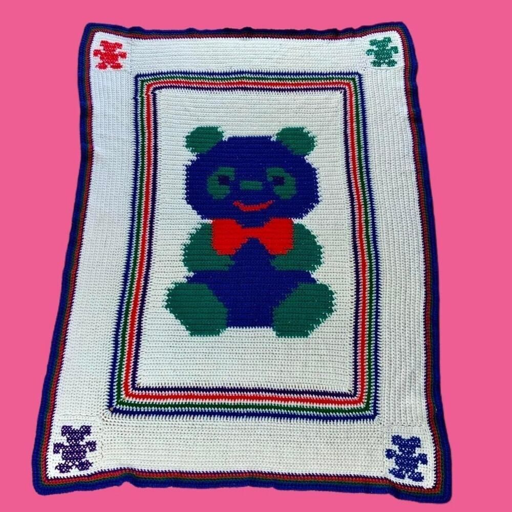 VINTAGE PANDA BEAR KNIT BLANKET QUILT BABY PRIMARY COLORS MAXIMALISM